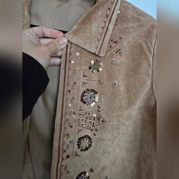 Chicos Women's Jacket Leather Open Front Collared W/ Lining Embroidery - Picture 7 of 9